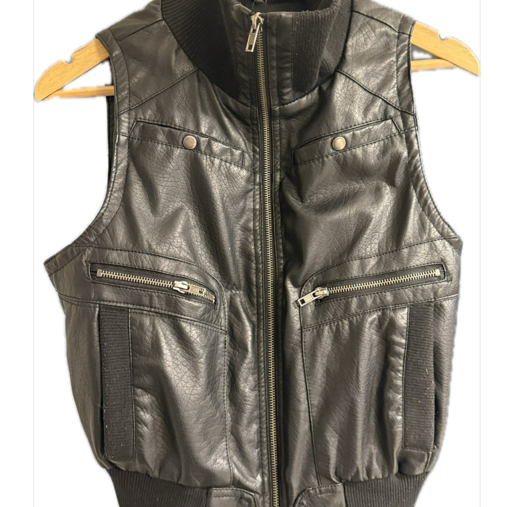 Black Faux Leather Vest with Zipper Details